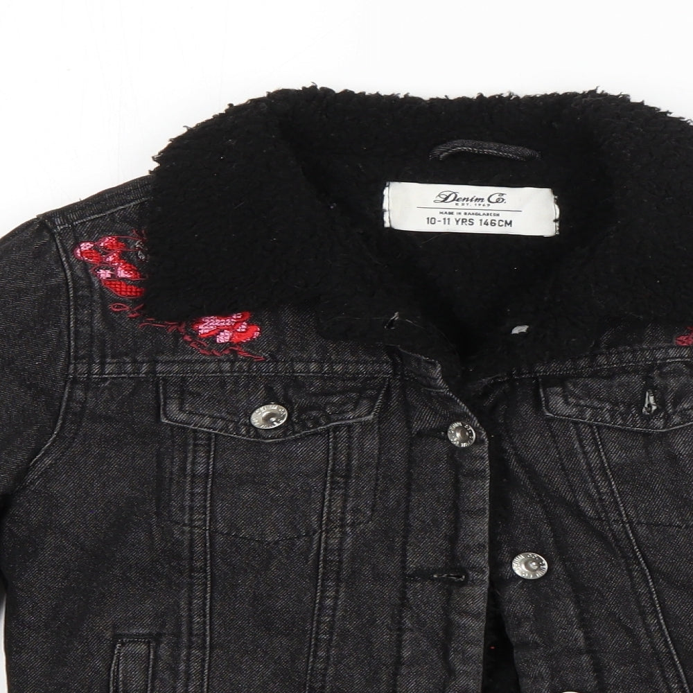 Denim Co Girls Black Floral  Jacket  Size 10-11 Years  Button