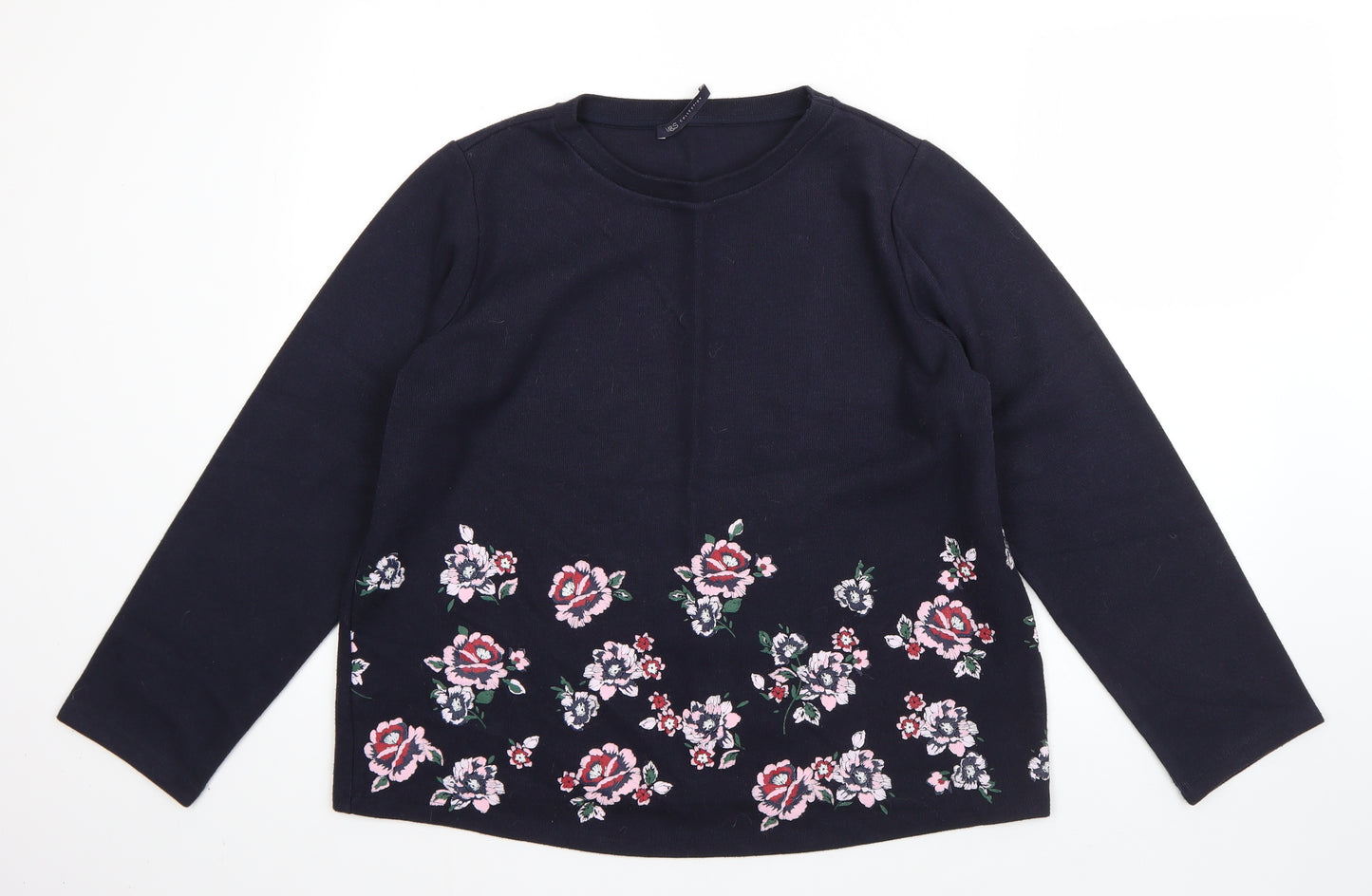 M&S Womens Blue Round Neck Floral Polyester Pullover Jumper Size 16