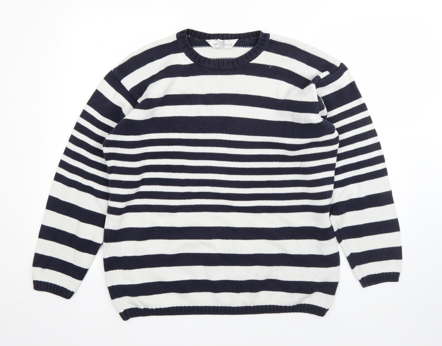 M&S Womens White Round Neck Striped Cotton Pullover Jumper Size 16