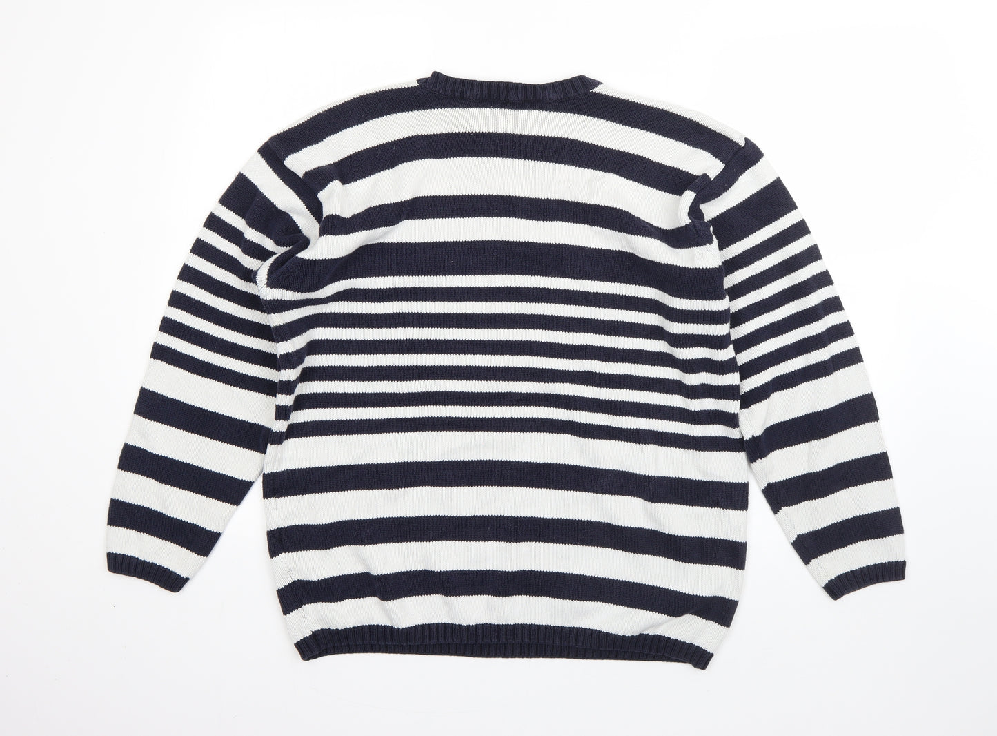 M&S Womens White Round Neck Striped Cotton Pullover Jumper Size 16