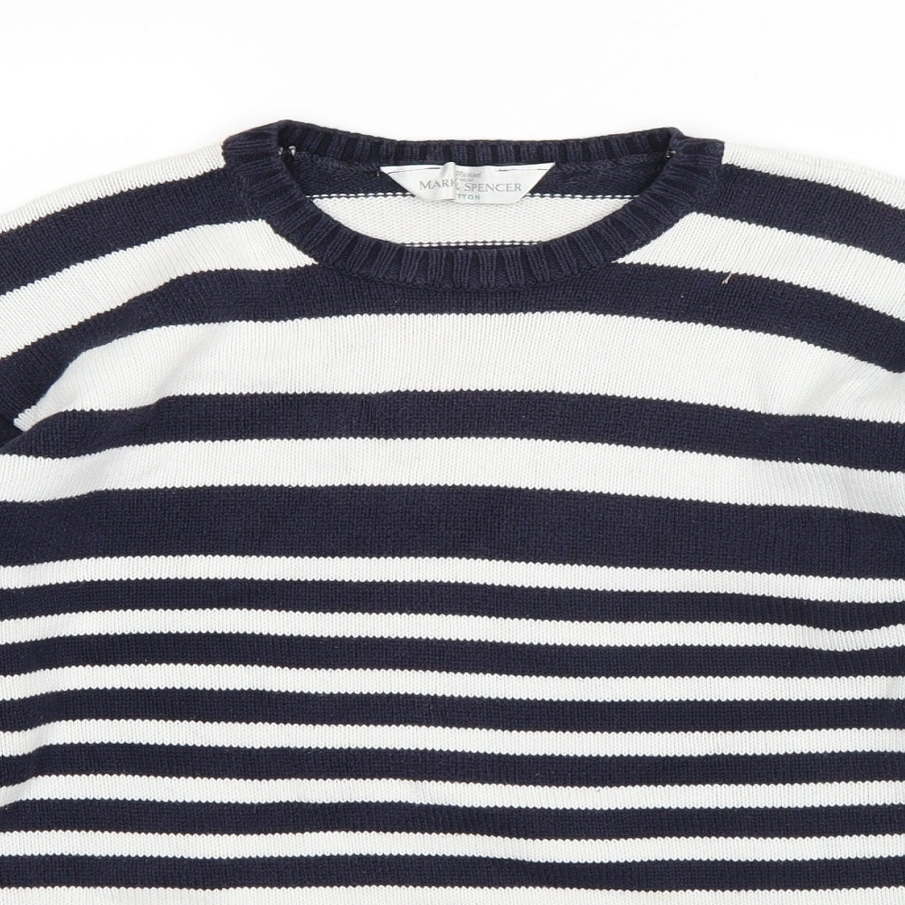 M&S Womens White Round Neck Striped Cotton Pullover Jumper Size 16