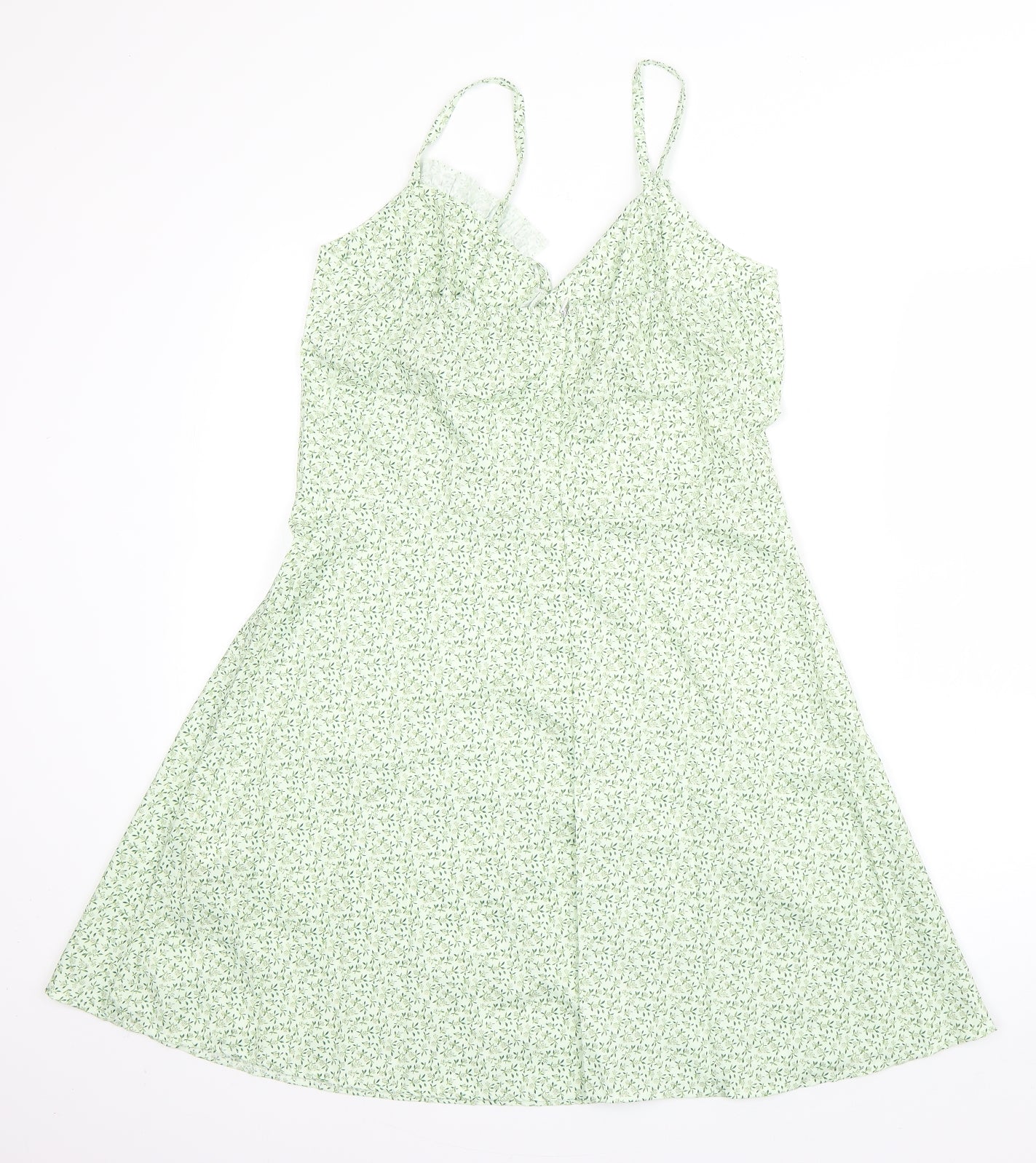 Preworn Womens Green Floral Polyester A-Line  Size L  V-Neck