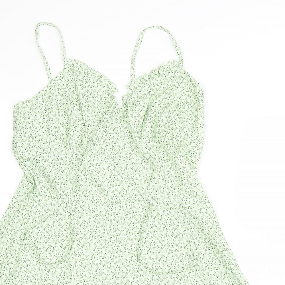 Preworn Womens Green Floral Polyester A-Line  Size L  V-Neck