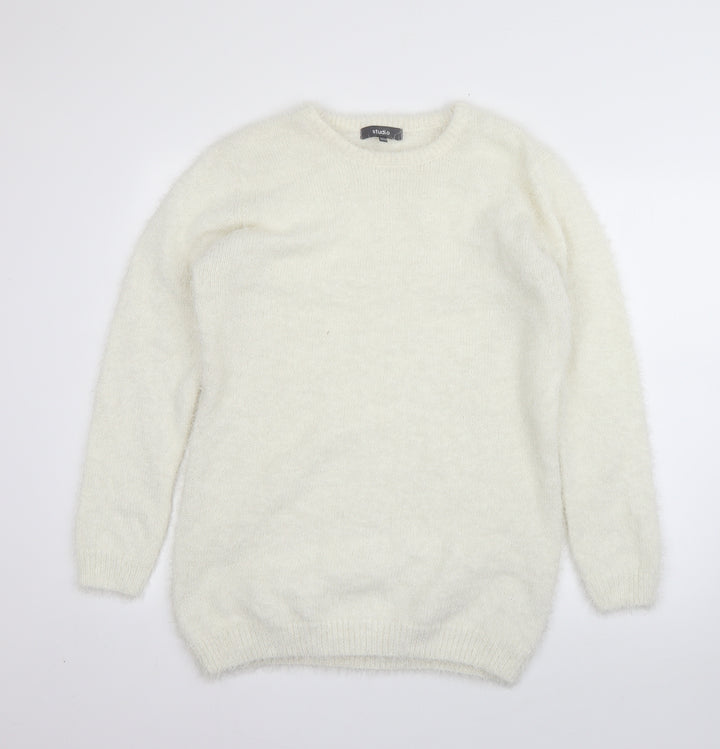 Studio Womens White Round Neck  Polyester Pullover Jumper Size 14