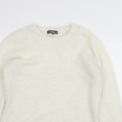 Studio Womens White Round Neck  Polyester Pullover Jumper Size 14