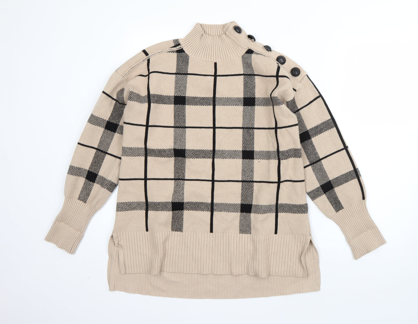 River Island Mens Beige High Neck Plaid Acrylic Pullover Jumper Size M