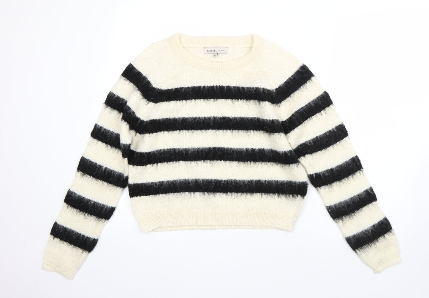 M&S Womens White Round Neck Striped Acrylic Pullover Jumper Size 12