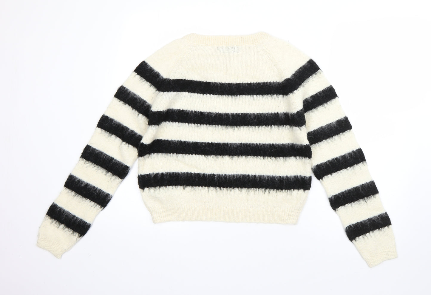 M&S Womens White Round Neck Striped Acrylic Pullover Jumper Size 12