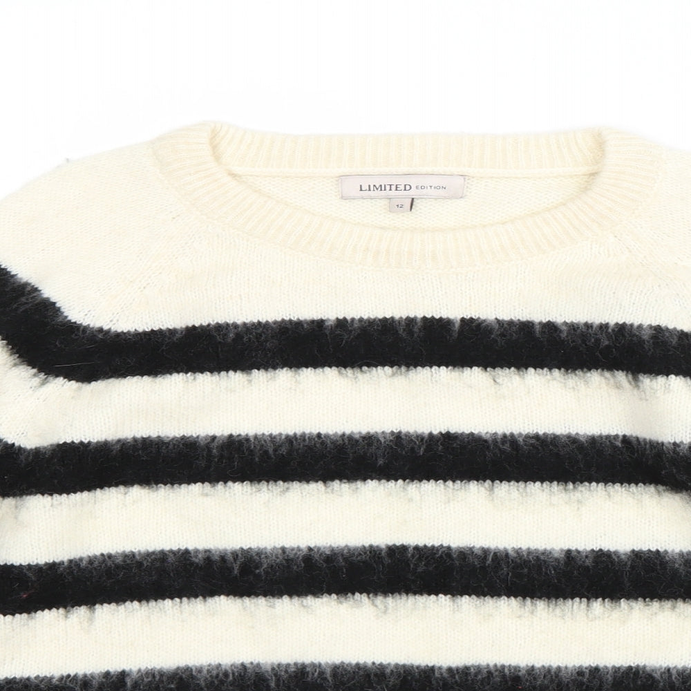 M&S Womens White Round Neck Striped Acrylic Pullover Jumper Size 12