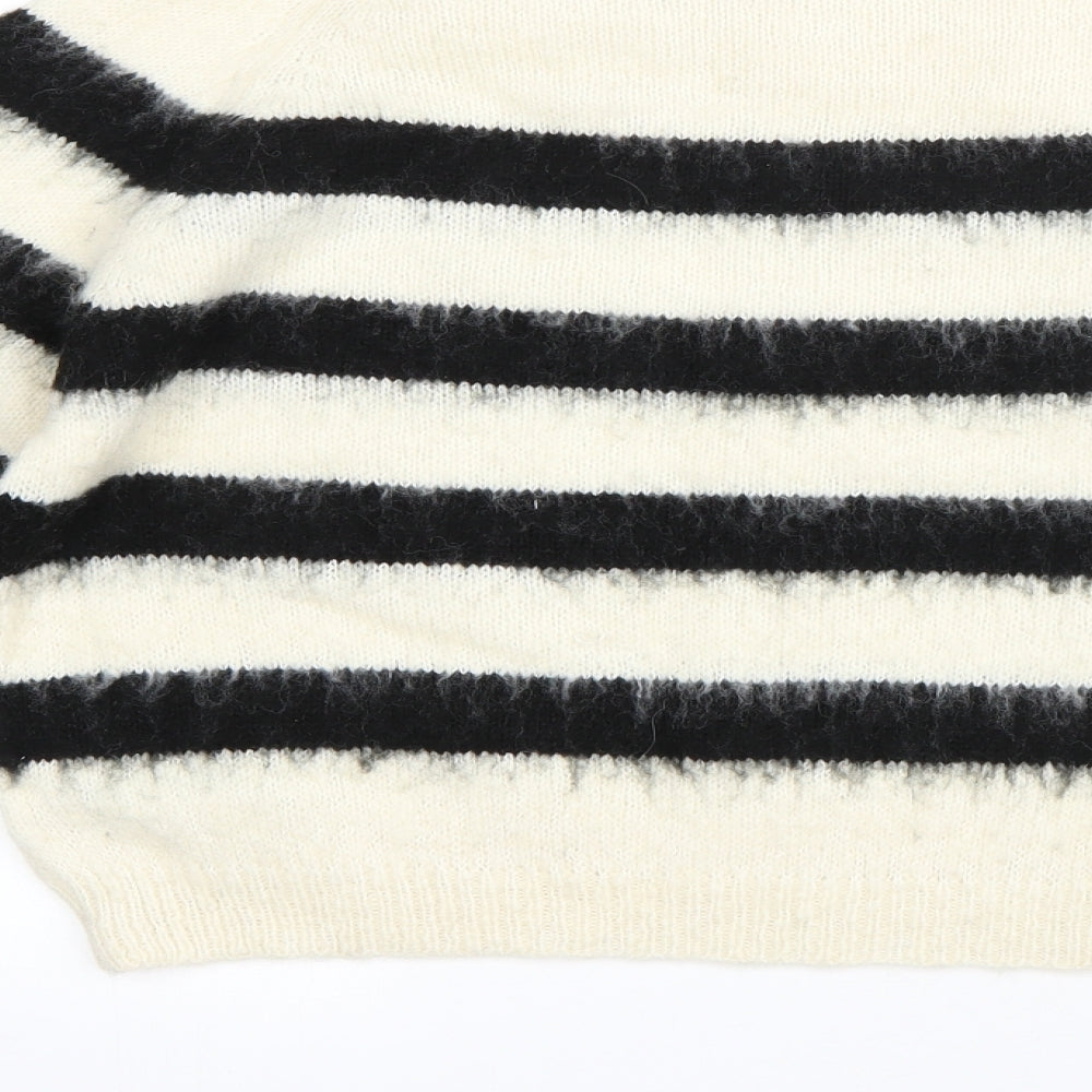 M&S Womens White Round Neck Striped Acrylic Pullover Jumper Size 12