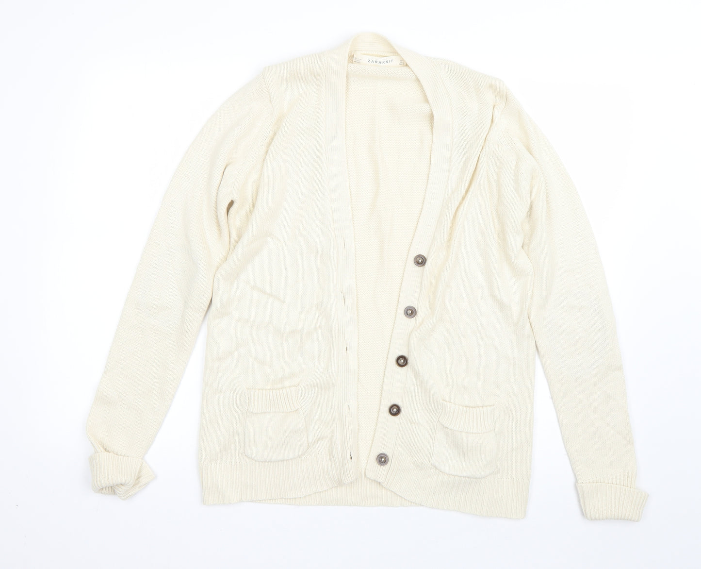 Zara Womens Beige V-Neck  Acrylic Cardigan Jumper Size L