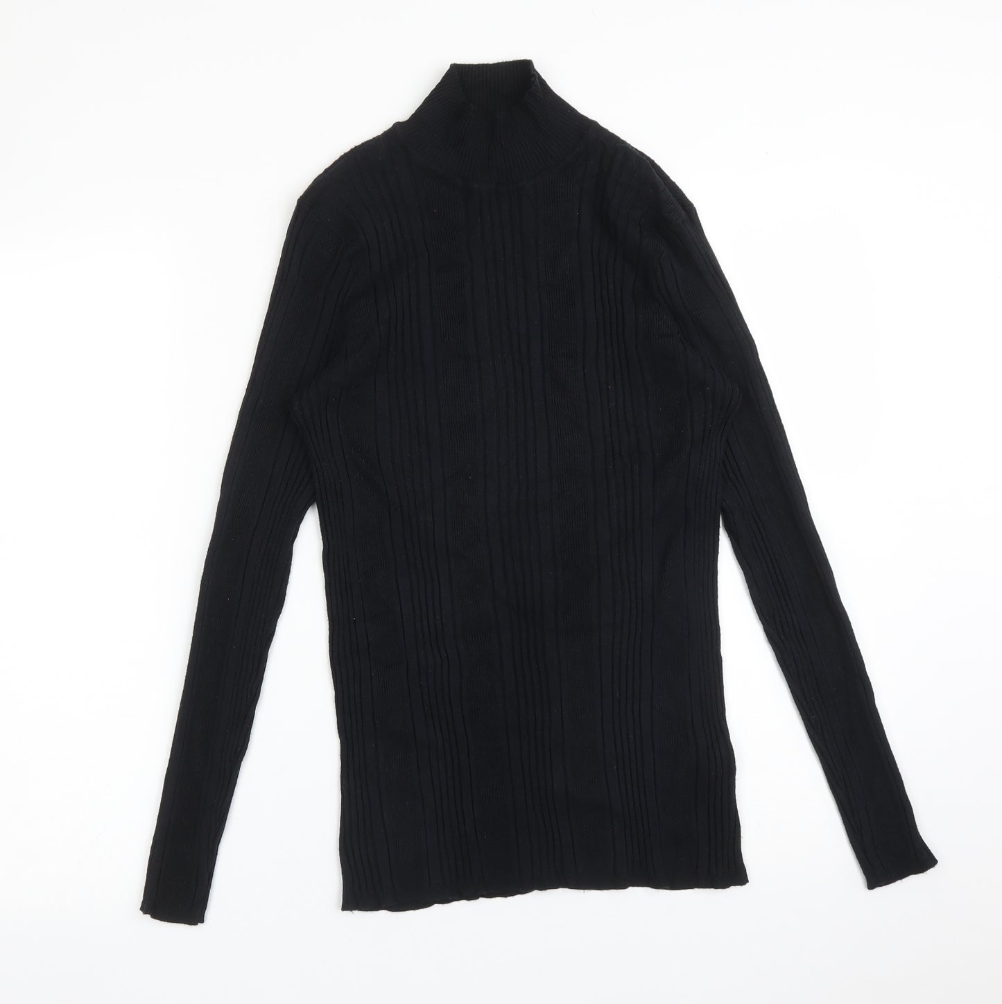 M&S Womens Black Striped Viscose Basic T-Shirt Size 16 High Neck