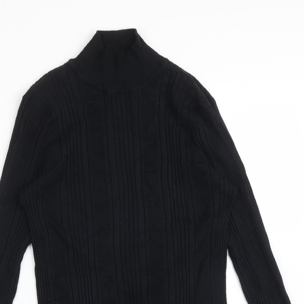 M&S Womens Black Striped Viscose Basic T-Shirt Size 16 High Neck