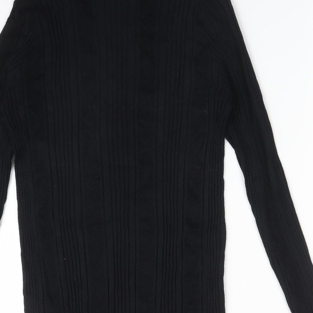 M&S Womens Black Striped Viscose Basic T-Shirt Size 16 High Neck