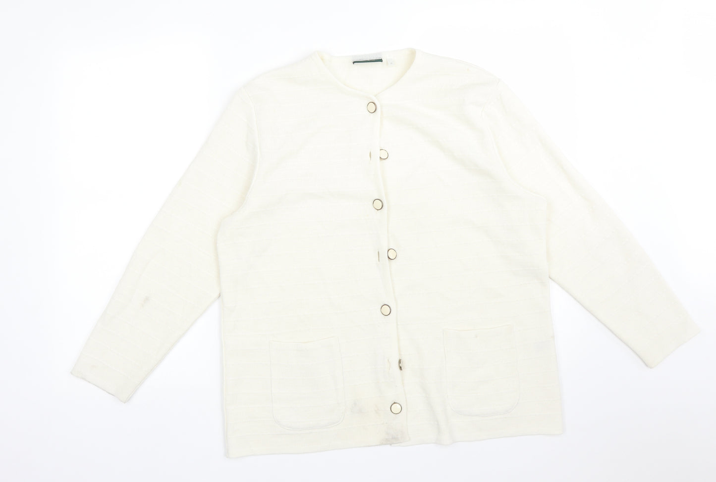 CANDA Womens White Round Neck Striped Acrylic Cardigan Jumper Size M