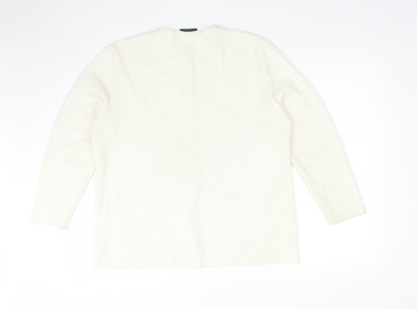 CANDA Womens White Round Neck Striped Acrylic Cardigan Jumper Size M
