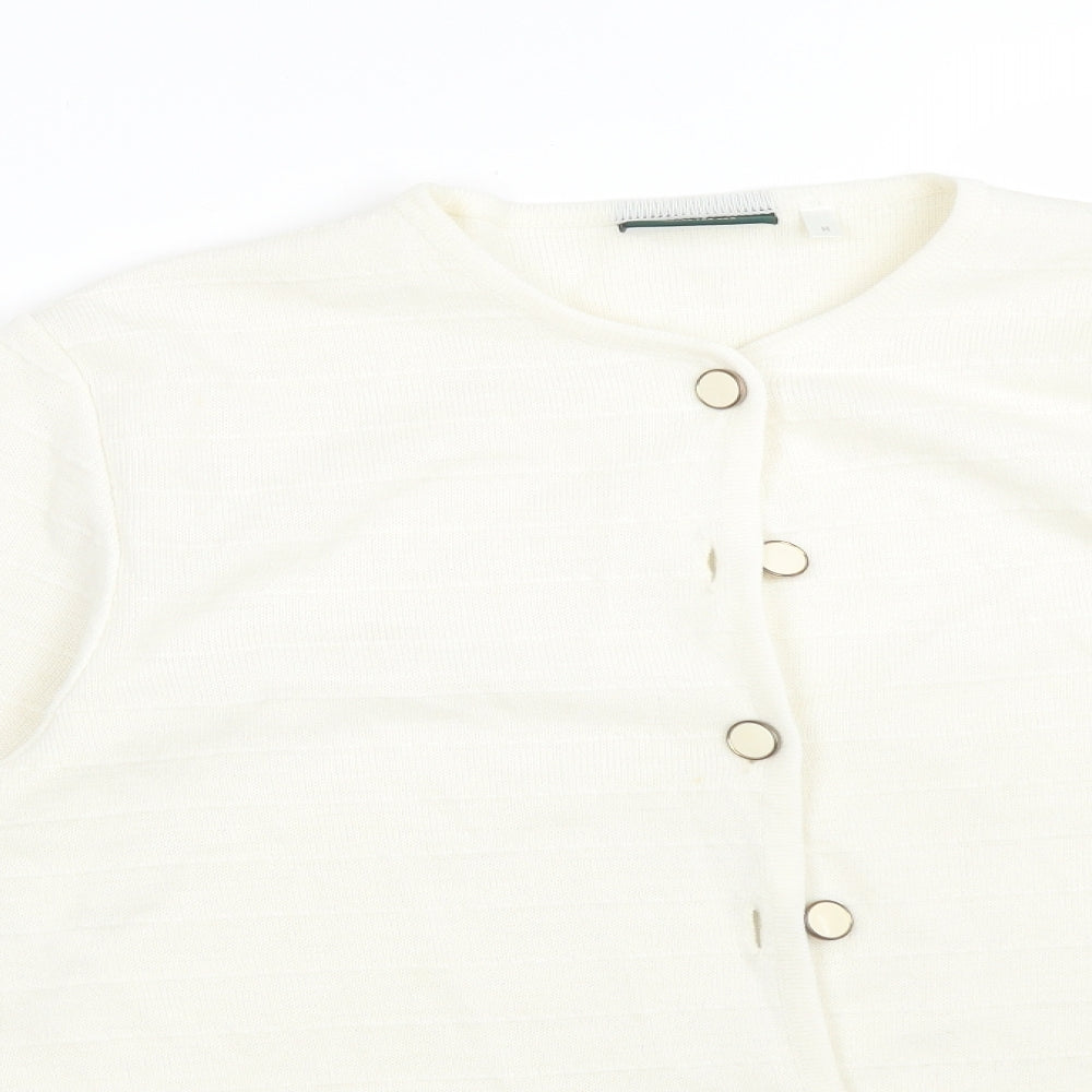 CANDA Womens White Round Neck Striped Acrylic Cardigan Jumper Size M