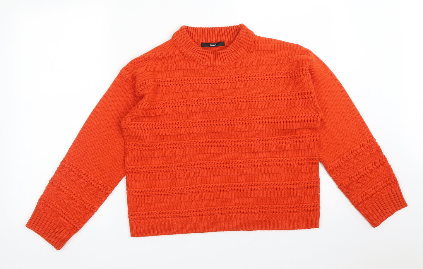 George Womens Orange Round Neck Striped Acrylic Pullover Jumper Size S