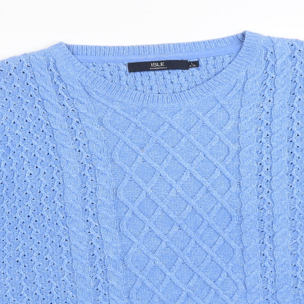 ISLE Womens Blue Argyle/Diamond Acrylic Basic T-Shirt Size L Round Neck