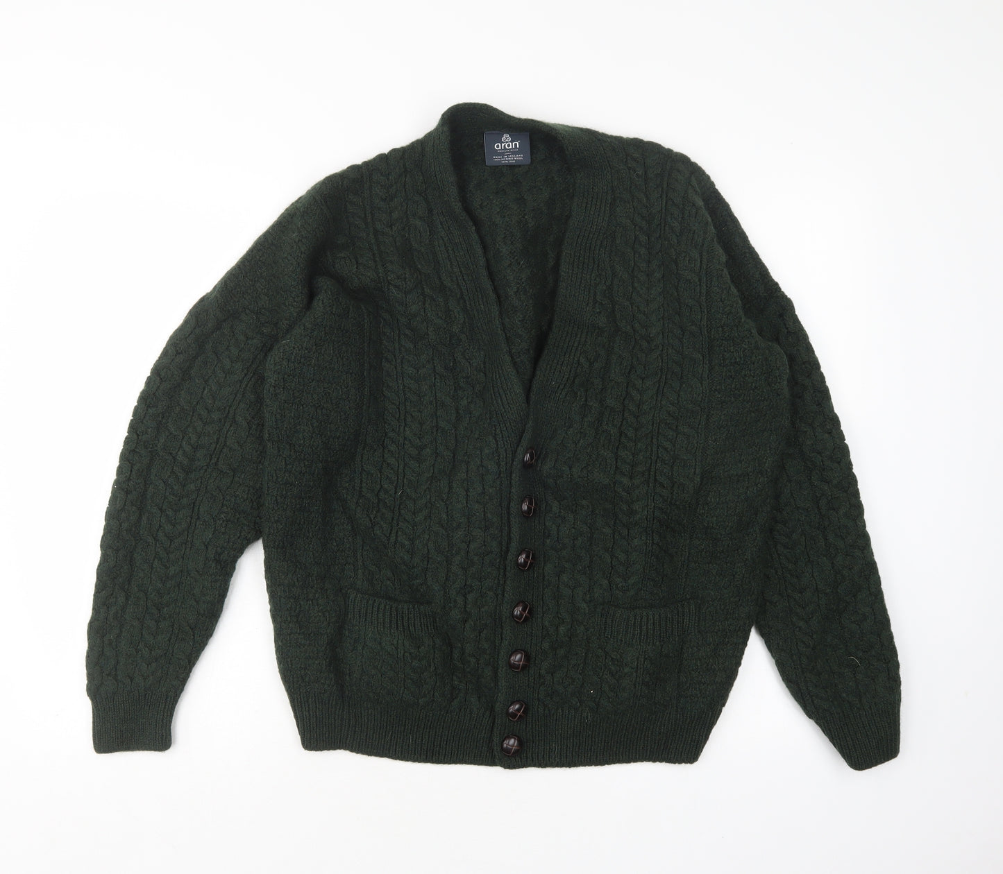 aran Mens Green V-Neck  Wool Cardigan Jumper Size XL