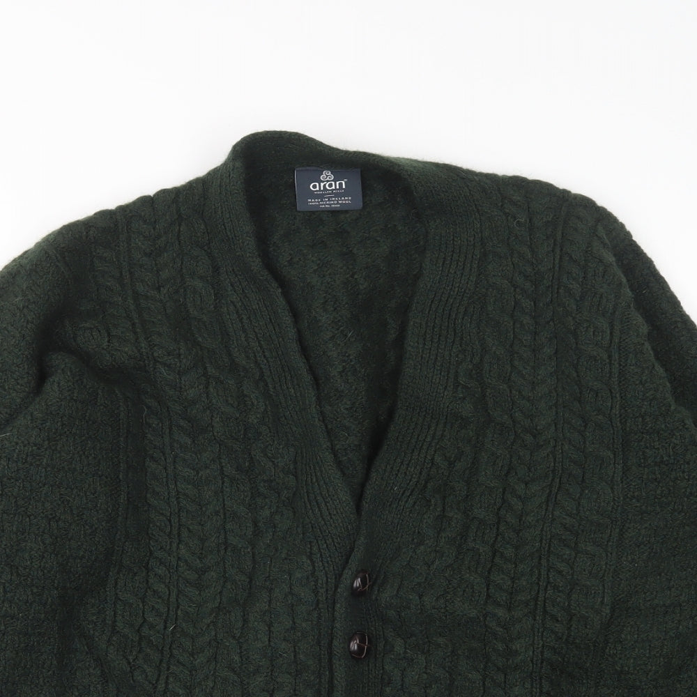 aran Mens Green V-Neck  Wool Cardigan Jumper Size XL