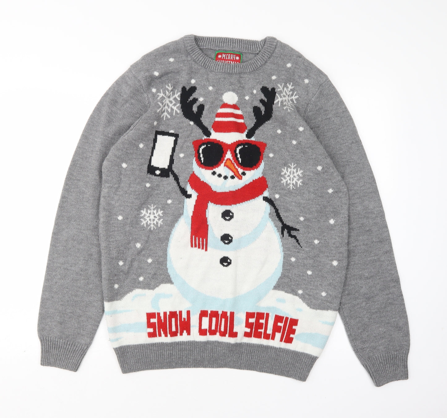 Merry Christmas Mens Grey Round Neck Polka Dot Acrylic Pullover Jumper Size L   - Christmas