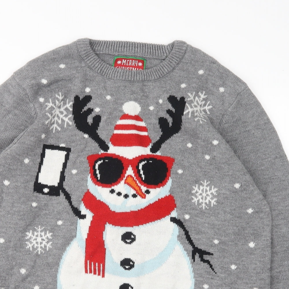 Merry Christmas Mens Grey Round Neck Polka Dot Acrylic Pullover Jumper Size L   - Christmas