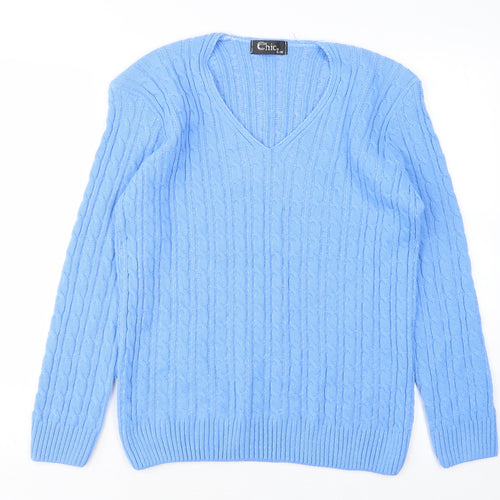 CHIC Womens Blue V-Neck  Acrylic Pullover Jumper Size S