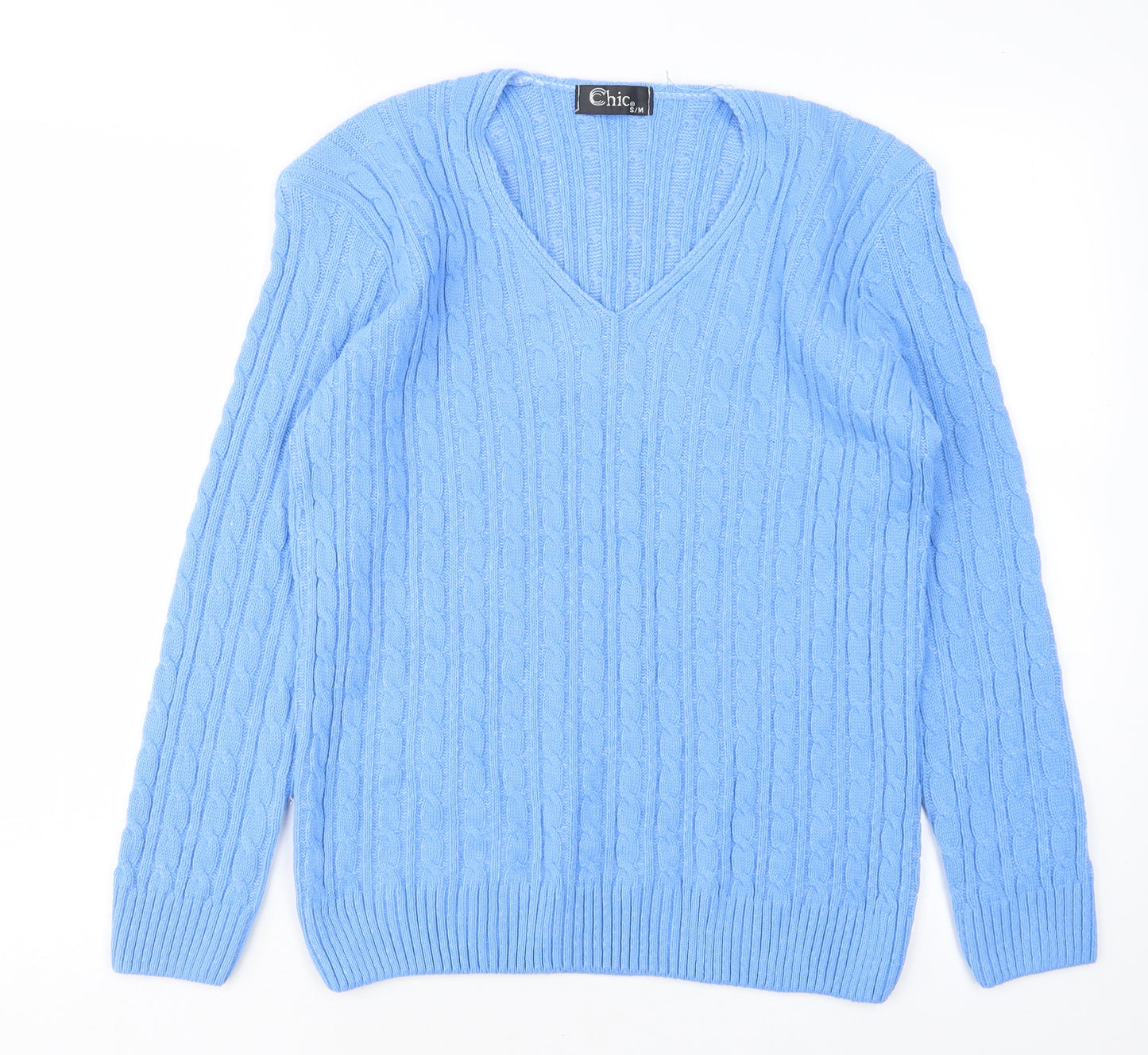 CHIC Womens Blue V-Neck  Acrylic Pullover Jumper Size S