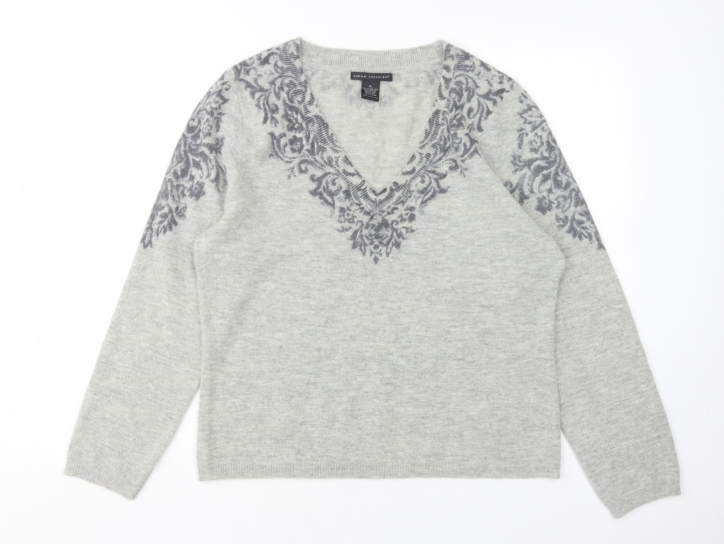 Sarah Spencer  Womens Grey V-Neck Floral Wool Pullover Jumper Size XL