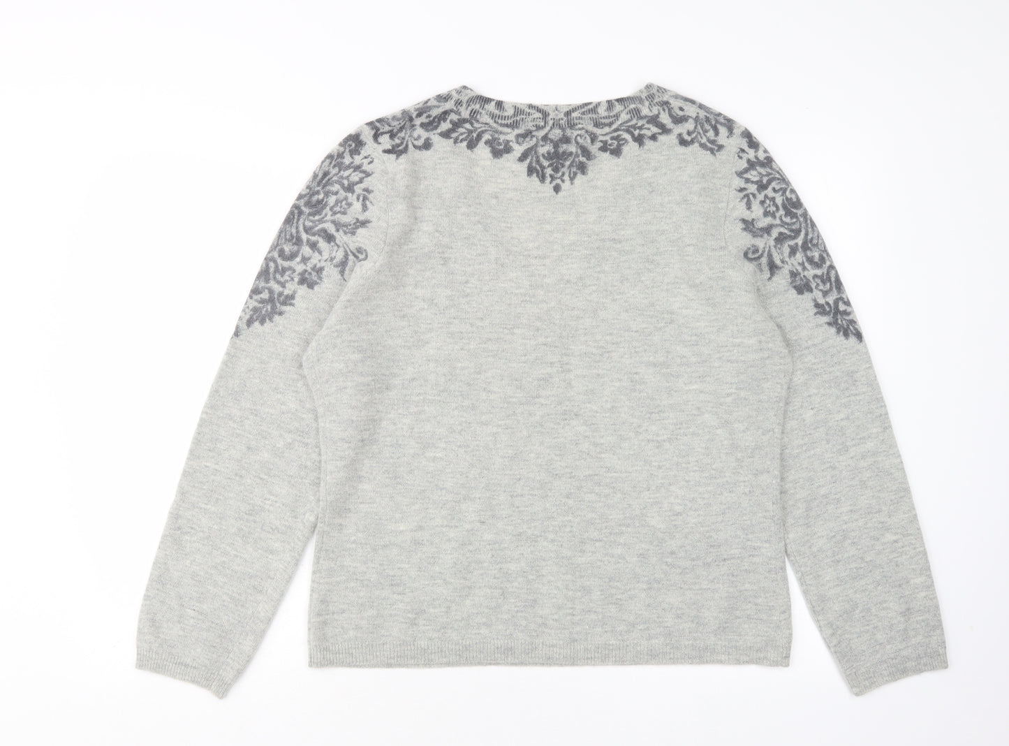 Sarah Spencer  Womens Grey V-Neck Floral Wool Pullover Jumper Size XL