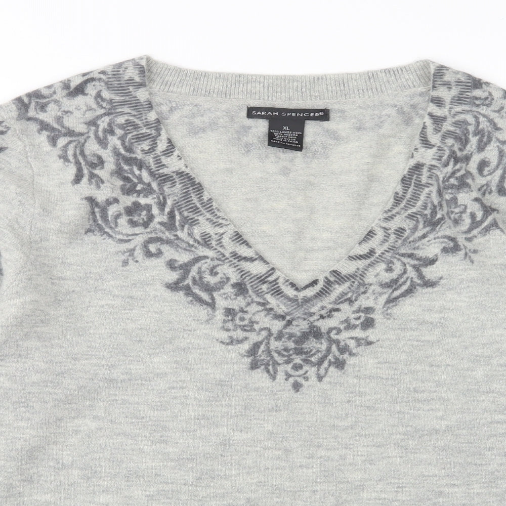 Sarah Spencer  Womens Grey V-Neck Floral Wool Pullover Jumper Size XL