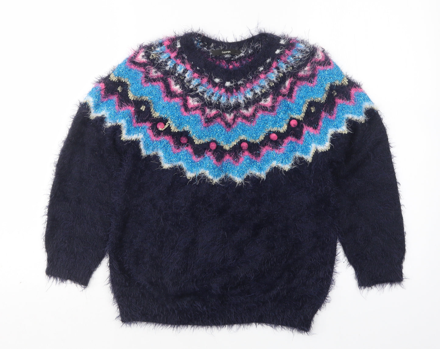 George  Girls Multicoloured Round Neck Argyle/Diamond Polyamide Pullover Jumper Size 11-12 Years