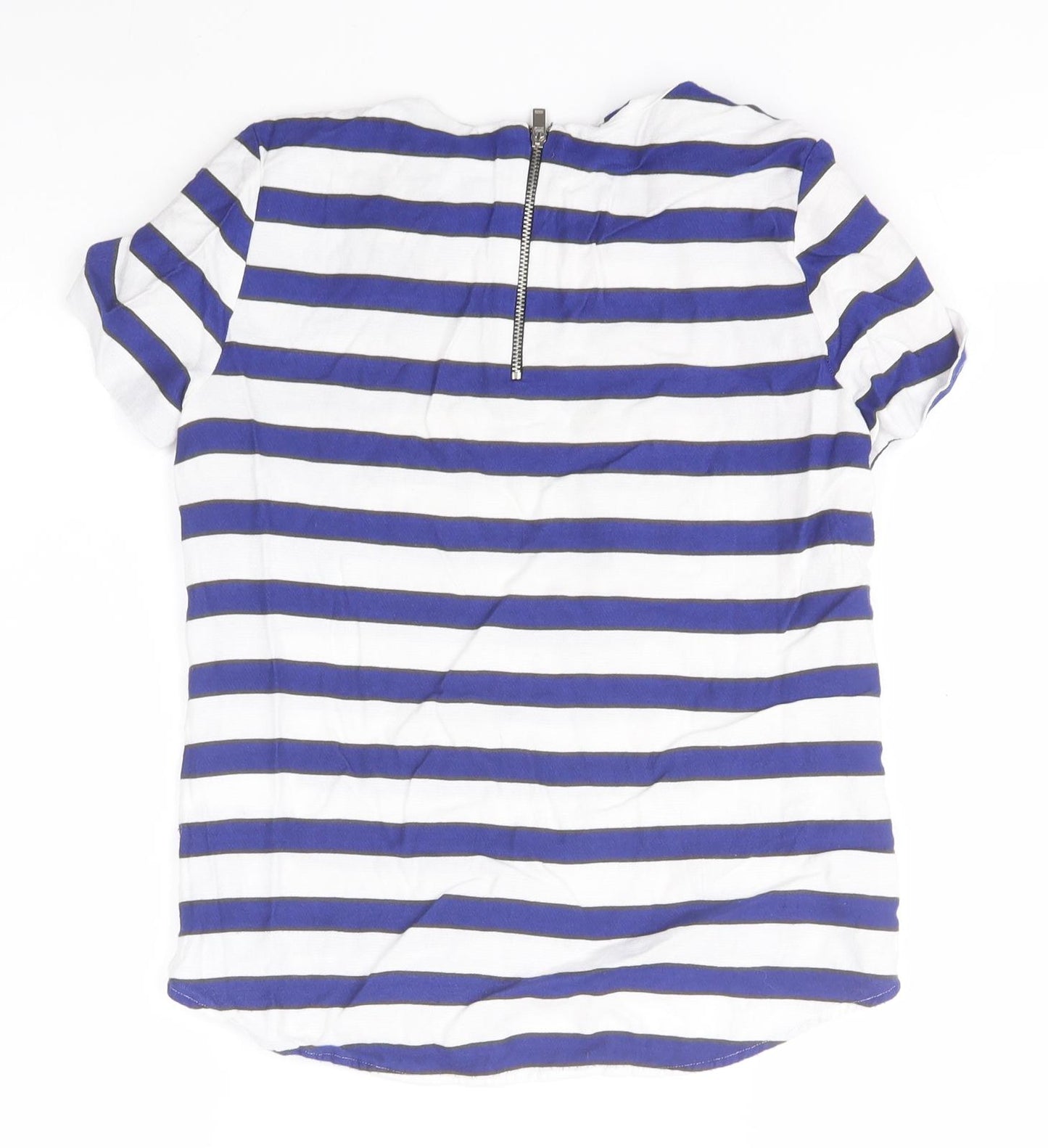 H&M Womens White Striped Viscose Basic T-Shirt Size 10 Round Neck