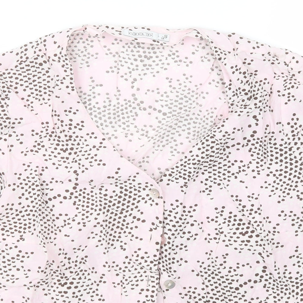 Gold Womens Pink Polka Dot Polyester Basic Button-Up Size 14 Collared