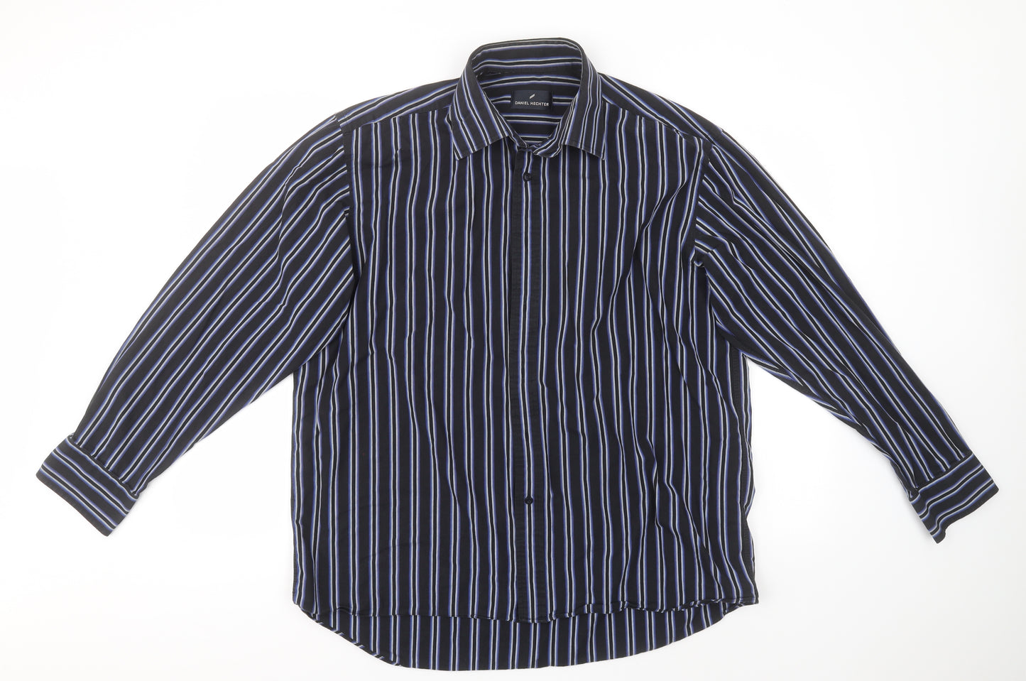 Daniel Hechter Mens Black Striped Cotton  Button-Up Size 16.5 Collared