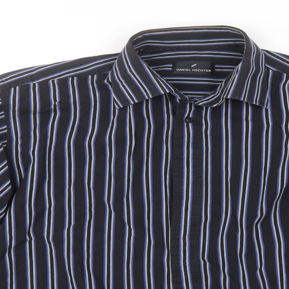 Daniel Hechter Mens Black Striped Cotton  Button-Up Size 16.5 Collared