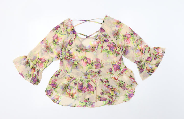 PRETTYLITTLETHING Womens Beige Floral Polyester Basic Blouse Size 8 Scoop Neck