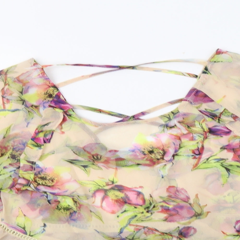 PRETTYLITTLETHING Womens Beige Floral Polyester Basic Blouse Size 8 Scoop Neck