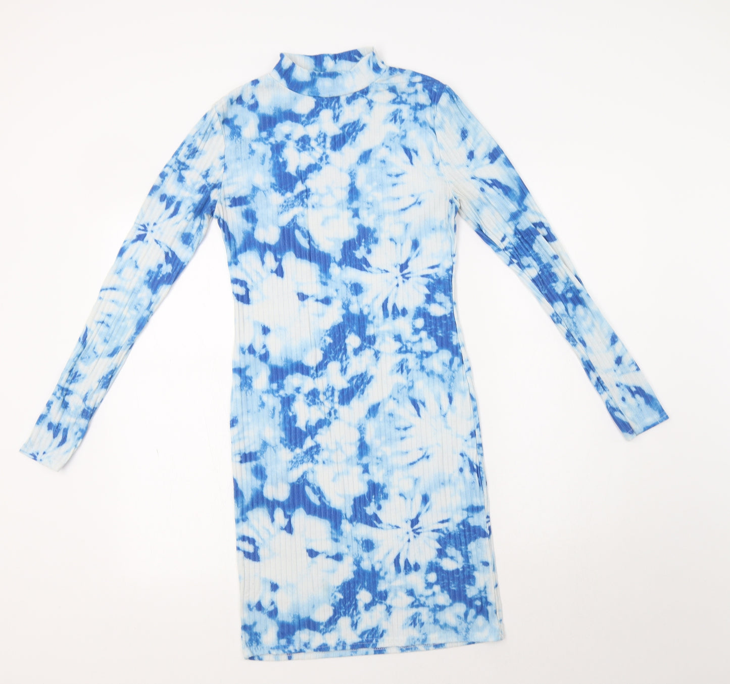 Mode-LL Womens Blue Batik Polyester Bodycon  Size 8  Mock Neck