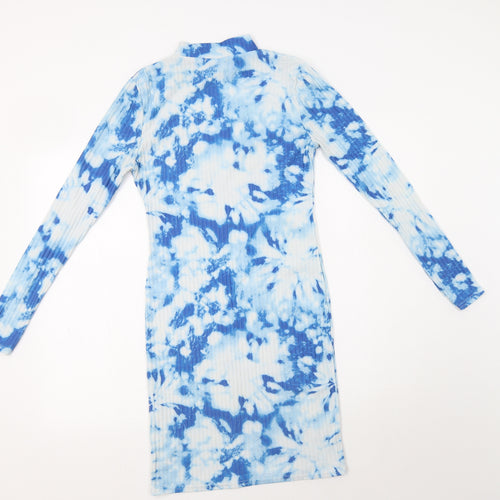 Mode-LL Womens Blue Batik Polyester Bodycon  Size 8  Mock Neck