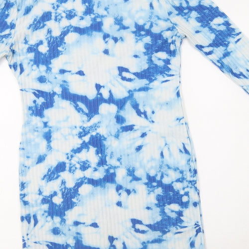 Mode-LL Womens Blue Batik Polyester Bodycon  Size 8  Mock Neck