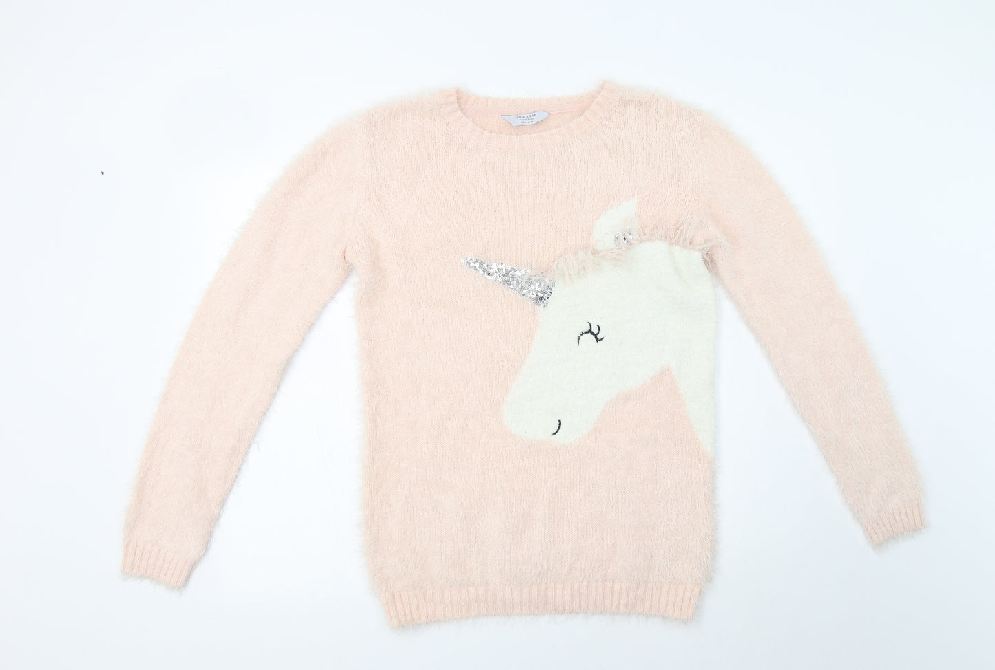 Primark Girls Pink Crew Neck  Polyamide Pullover Jumper Size 12-13 Years   - Unicorn