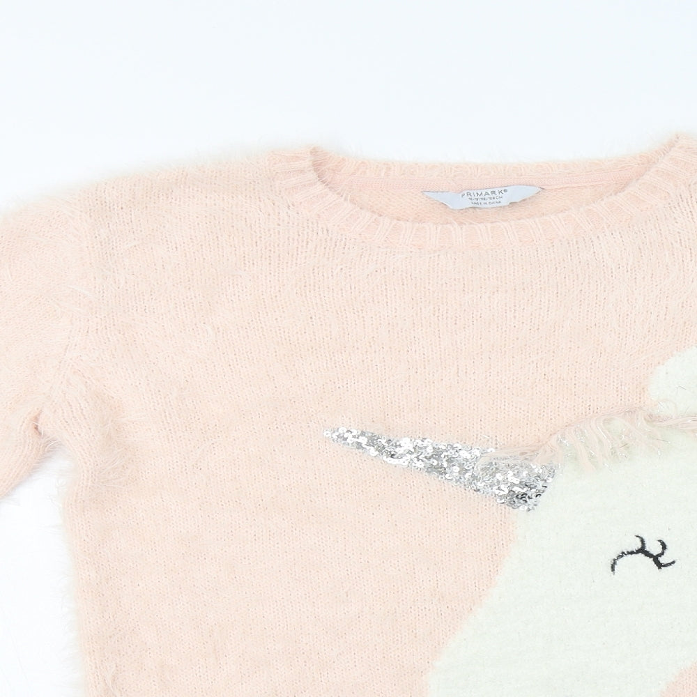 Primark Girls Pink Crew Neck  Polyamide Pullover Jumper Size 12-13 Years   - Unicorn