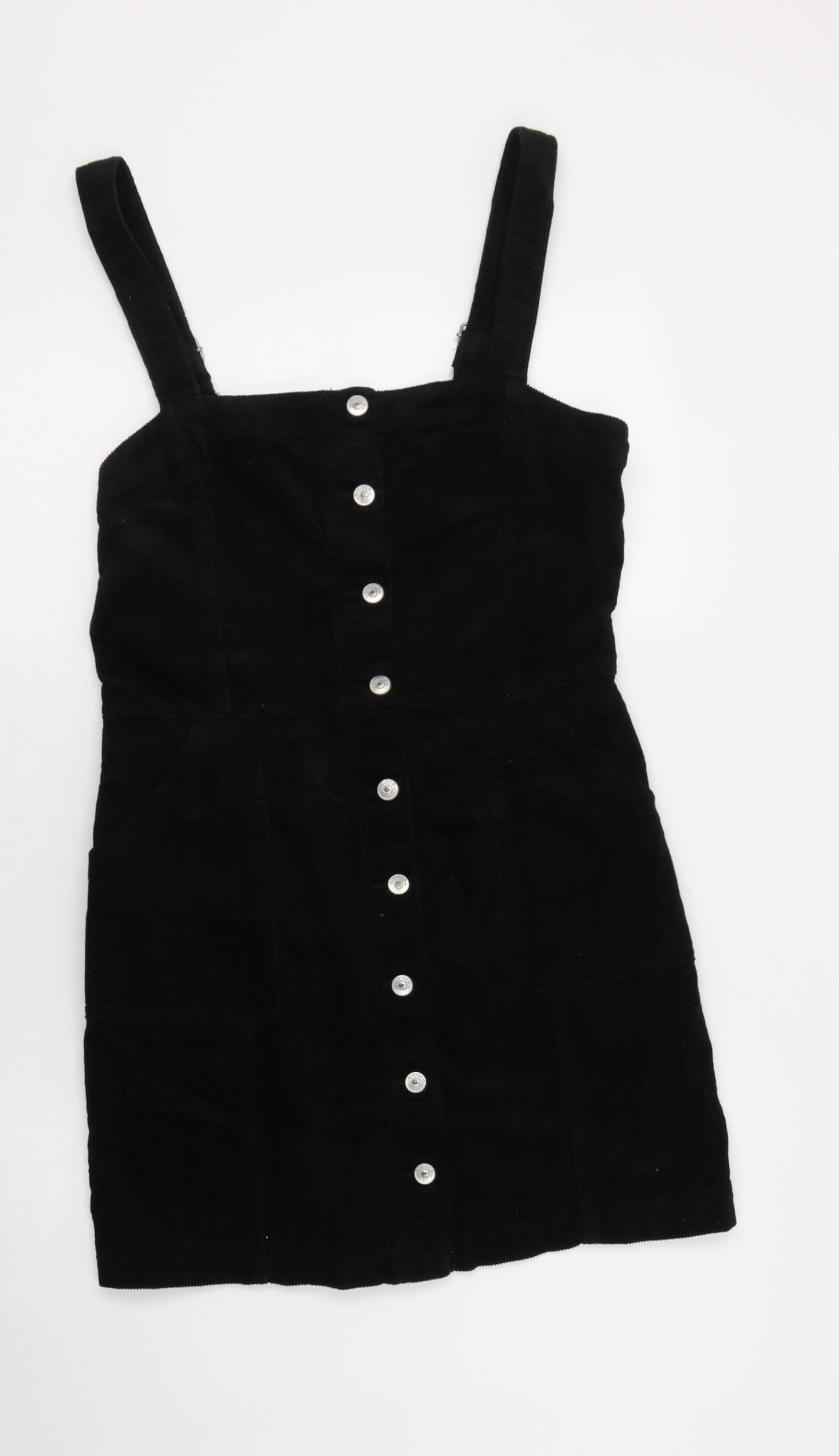 H&M Womens Black  Cotton Pinafore/Dungaree Dress  Size 12  Square Neck Button