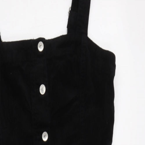 H&M Womens Black  Cotton Pinafore/Dungaree Dress  Size 12  Square Neck Button