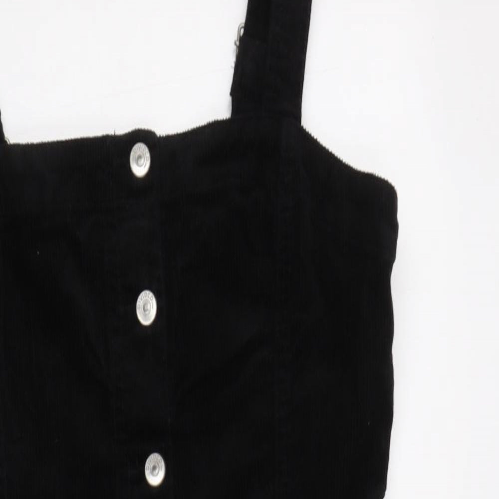 H&M Womens Black  Cotton Pinafore/Dungaree Dress  Size 12  Square Neck Button