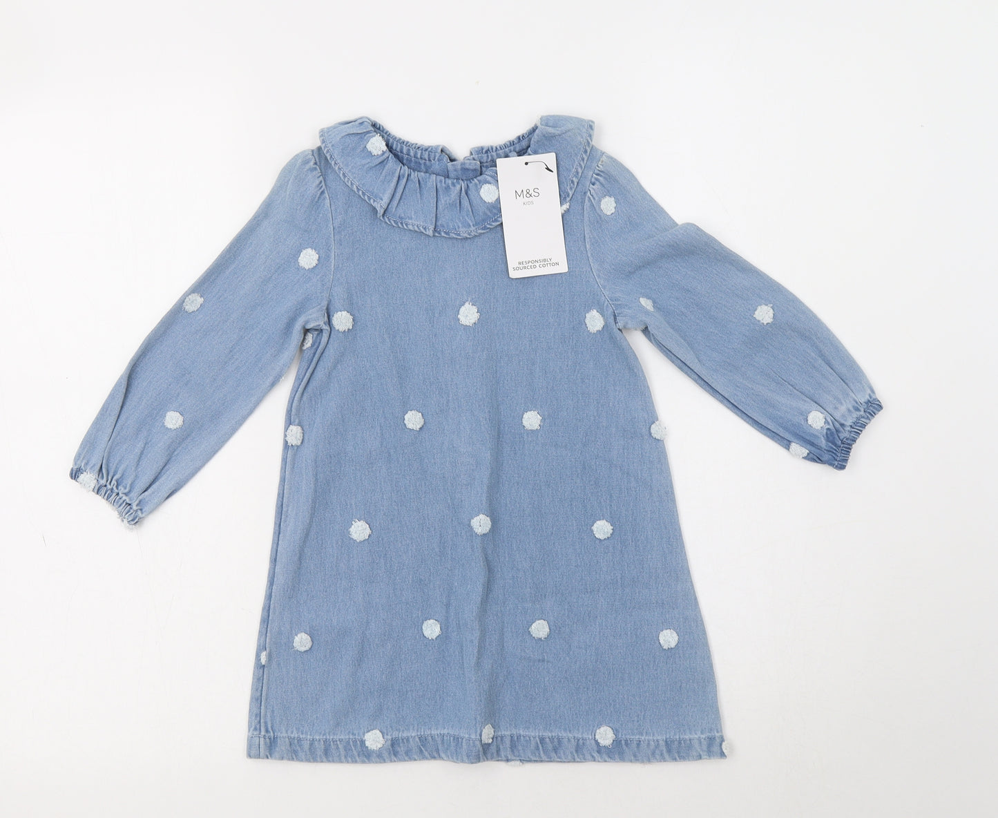 M&S Girls Blue Polka Dot Cotton A-Line  Size 2-3 Years  Collared Zip