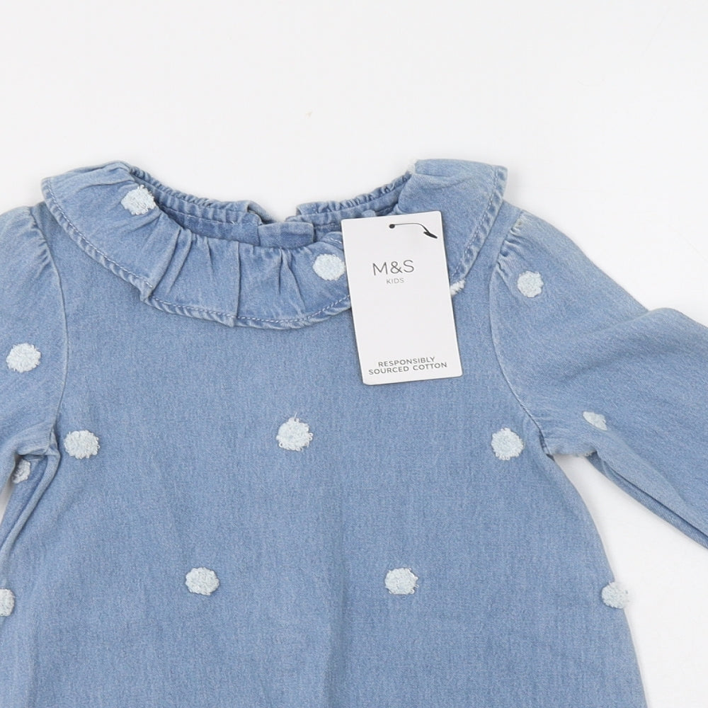 M&S Girls Blue Polka Dot Cotton A-Line  Size 2-3 Years  Collared Zip