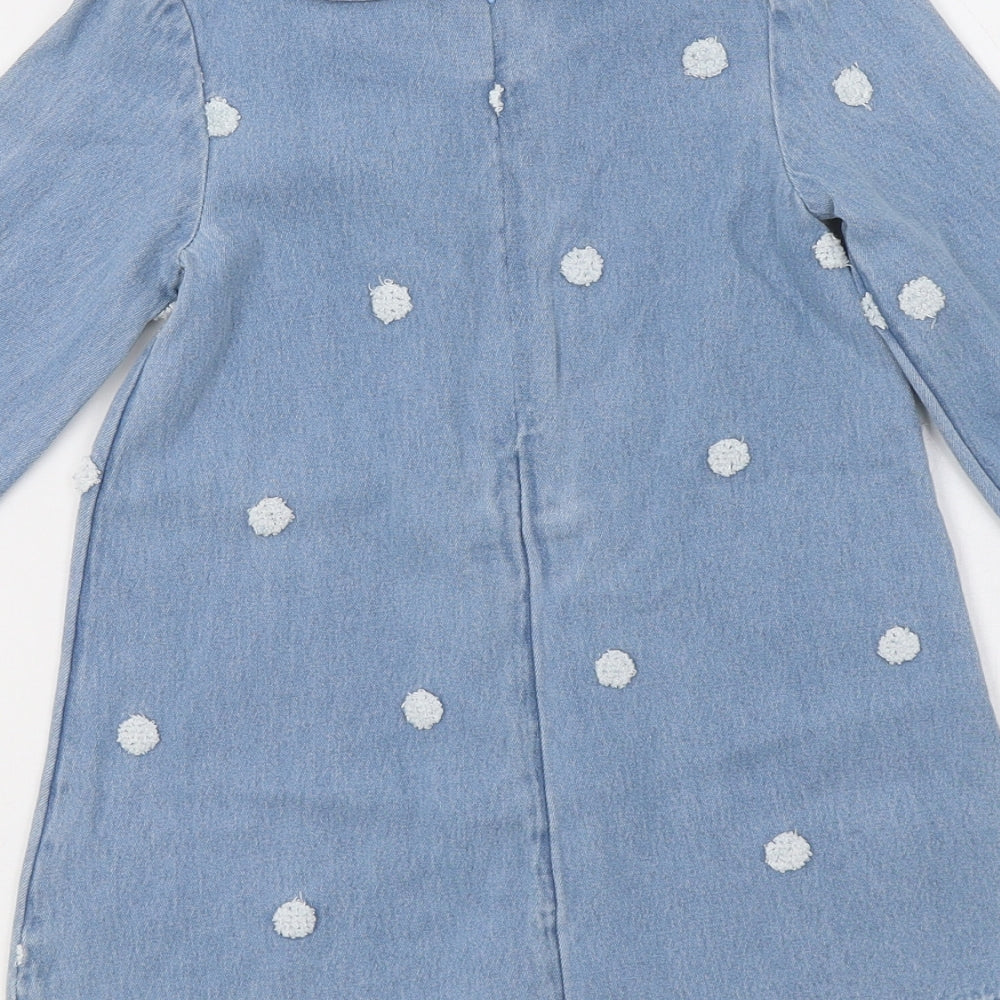 M&S Girls Blue Polka Dot Cotton A-Line  Size 2-3 Years  Collared Zip